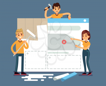 Website development with developers creating content. Web construction vector concept. Illustration of interface development project, web page content