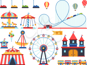 Amusement park attractions. Train, ferris wheel, carousel and roller coaster flat vector icons. Amusement and carousel, park with circus and festival entertainment illustration