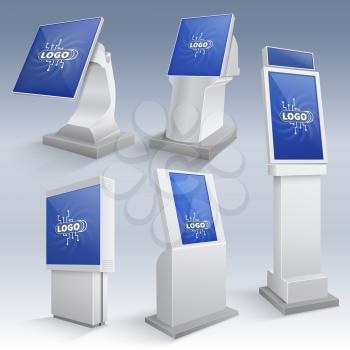 Information interactive kiosk displays. Touchscreen stands vector templates. Touchscreen stand monitor console illustration