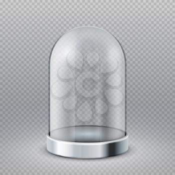 Empty clear glass cylinder showcase dome isolated on transparent background vector illustration. Exhibition glass showcase, container transparent dome