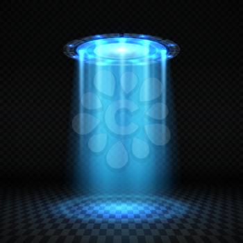 Ufo blue light beam, futuristic alien spaceship isolated vector illustration. Ufo futuristic, spaceship gravity disc