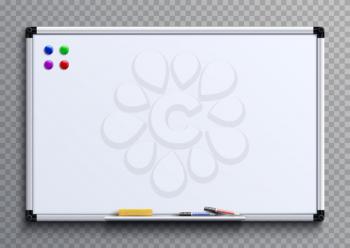 Empty whiteboard with marker pens and magnets. Business presentation office white board isolated vector mockup. Illustration of whiteboard clean with colored markers