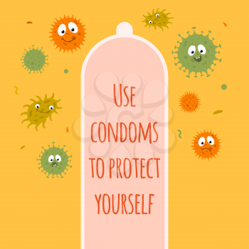 Concept illustration of condom and microbes. Protection contraception banner vector