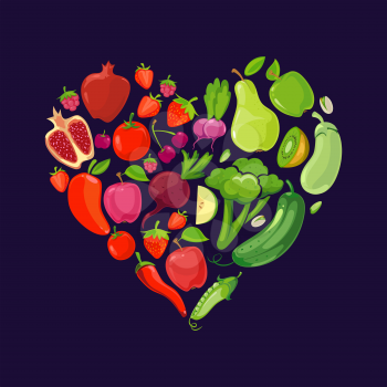 Heart shapes with fruits and vegetables. Diet nutrition organic, vector illustration