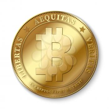 Realistic 3d golden bitcoin coin vector illustration for fintech net banking and blockchain concept. Golden bitcoin money, internet finance coin