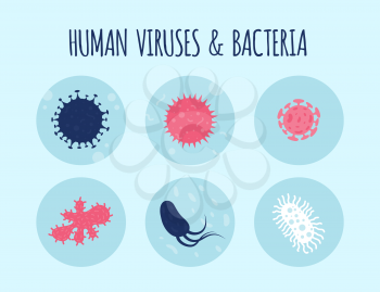 Set of human viruses and bacteria. Infection science microscopic, vector illustration
