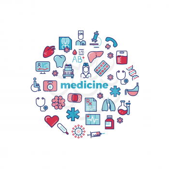 Medicine concept with colorful line icons isolated on white. Vector illustration