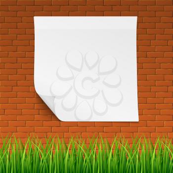 Red brick callboard with clean banner and grass. Vector illustration