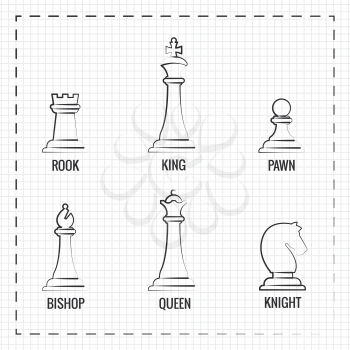 Hand drawn chess pieces line icons on notebook page. Vector illustration