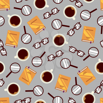 Office seamless pattern with notebook, glasses, coffee and magnifier. Vector illustration