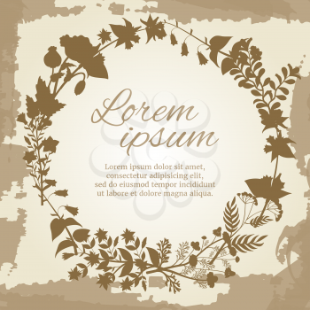 Floral and herbal wreath silhouette on vintage grunge backdrop. Vector illustration