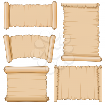 Blank cartoon old scrolls of papyrus paper vector set. Blank papyrus sheet, illustration of ancient parchment