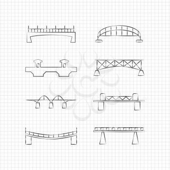 Bridges thin line icons on notebook page. Set of bridge, vector illustration