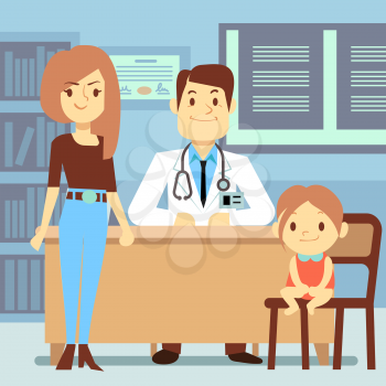Baby girl and her mother visiting pediatrician - kids medicine concept. Medical doctor visit, medicine and health, vector illustration