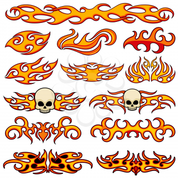 Vehicle car and bike color vinyl decals isolated vector set. Hot fire decal artwork, illustration of pattern fire stencil