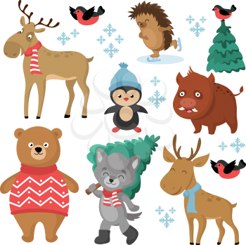 Happy forest animals in winter and christmas trees isolated on white background vector set. Forest animal bird and wolf, boar and elk, character christmas cartoon illustration