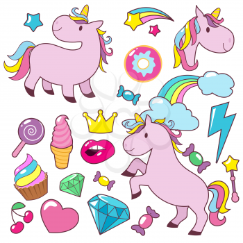 Magic cute unicorns baby horses vector character collection. Magic horse unicorn, cake and crown, diamond and ice cream illustration
