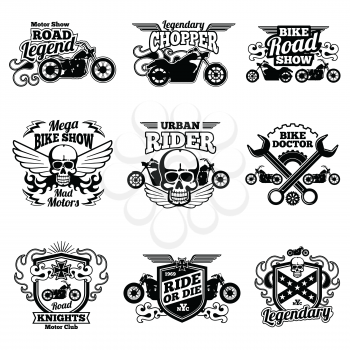Motorbike club vintage vector patches. Motorcycle racing labels and emblems. Motorcycle emblem club classic, vintage chopper illustration