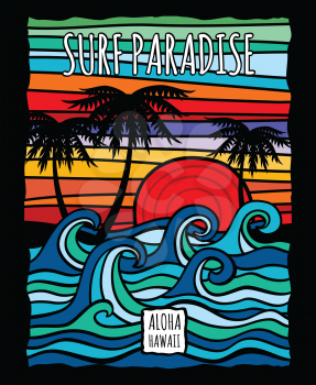Vintage hawaii aloha surf graphic with ocean waves and palm trees vector t-shirt design. Surf ocean wave and palm, tree in color vintage style illustration