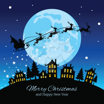 Christmas greeting card with santa and deers flying sky over city vector illustration. Santa and reindeer in night sky