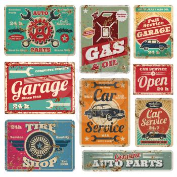 Vintage car service and gas station vector metal signs. Gas station for car, metal grunge banner illustration