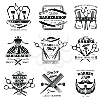 Retro barber shop vector badges. Modern haircut salon labels and hairdresser emblems. Illustration of barber shop emblem and hairdresser salon badge