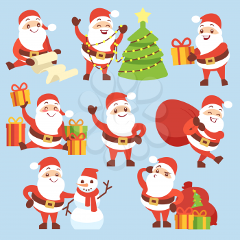 Cartoon cute santa claus character vector set. Symbol of christmas holiday. Set of santa claus cheerful with xmas tree and gifts illustration