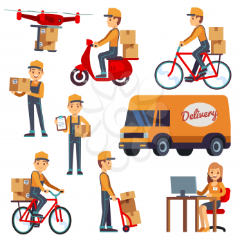 Cute cartoon courier characters with delivery box. Delivery by drone, scooter, bicycle. Delivery courier on scooter vector illustration