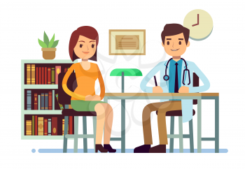 Medical consultation with doctor and young woman patient vector medicine flat concept. Patient woman and young doctor character illustration