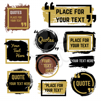 Quotes speech bubbles with frames and distressed rough brush texture vector set. Quotation speech distress frame, grunge bubble brush stroke illustration