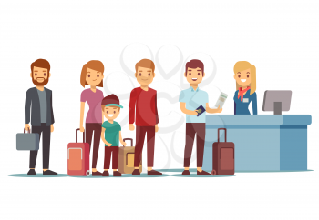 People queue in airport at registration desk. Vacation and travel vector concept. Queue people tourist to check desk illustration