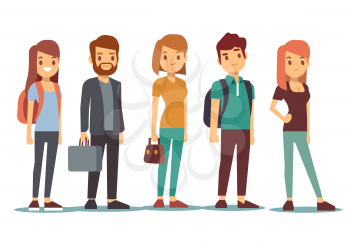 Queue of young people. Waiting women and men standing in line. Queue wait woman and man. Vector illustration