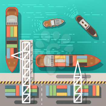 Sea dock or cargo seaport with floating ships and boats. Top view vector illustration. Sea ship and cargo transportation in port