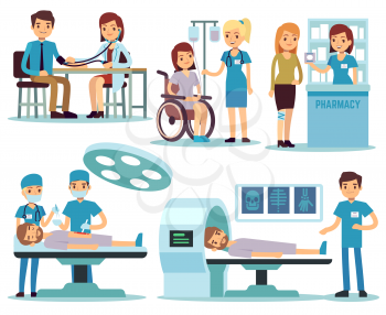 Medical patient and doctors in medical activity vector set. Patient in hospital, healthcare and treatment illustration