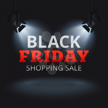 Black Friday shopping sale vector background with spotlights on stage and illuminated text. Black friday discount banner, promotion advertising illustration