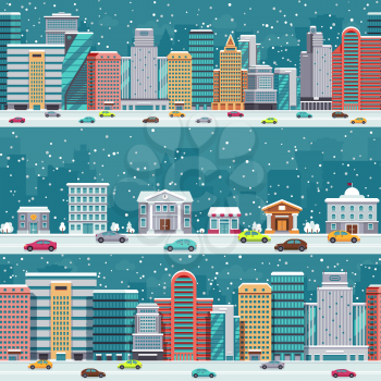 Winter city streets with cars and buildings. Christmas night cityscapes with snowfall vector set. Winter xmas cityscape street with car in road illustration