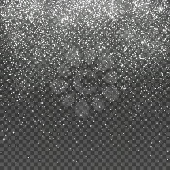 Falling snow isolated on transparent background. Christmas winter holiday vector background. Snowfall christmas flake, magic effect falling snowstorm illustration