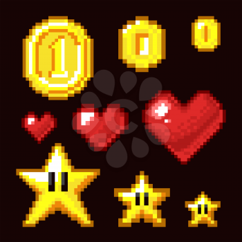 Video game 8 bit assets isolated. Coin, star and heart pixel retro icons in different size. Heart and star, coin pixel game illustration