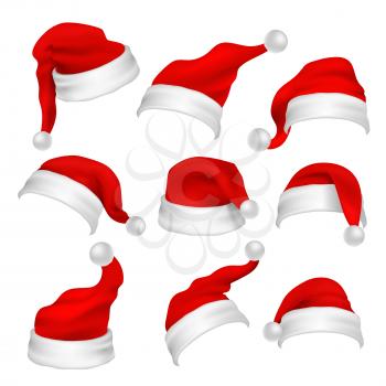 Santa Claus red hats photo booth props. Christmas holiday decoration vector elements. Santa claus xmas hat for photo booth, cap costume illustration