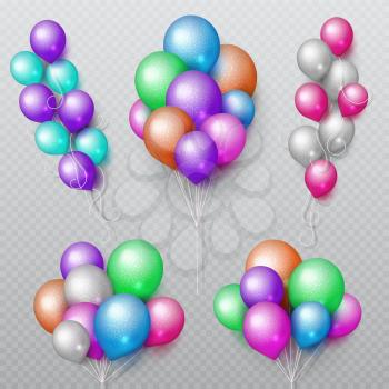 Color party flying balloons bunches isolated vector set. Birthday color balloon for surprise and carnival illustration
