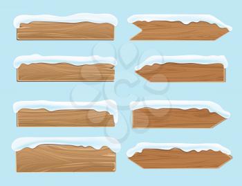 Wood banners planks covered with snow. Festive christmas vector decoration isolated. Wood board for christmas snow-capped illustration