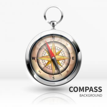 Old realistic vector navigation compass isolated. Illustration of equipment for travel orientation