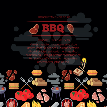 BBQ party poster design with barbeque and meat flat icons. Banner vector illustration