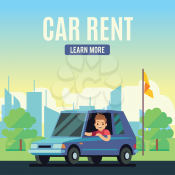 Car rental poster concept. Cartoon-style vector young man on blue car on pastoral background. Automobile rent poster illustration