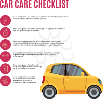 Cars care checklist. Yellow car and line icons. Vector illustration