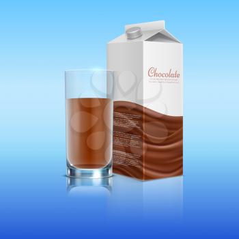 Chocolate realistic with glass cup. Vector template pack milk chocolate beverage illustration