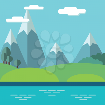 Pastoral landscape with mountains and trees. Summer outdoor meadow scene, vector illustration