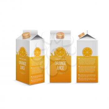 Realistic orange juice box in different projections. Box with juice pack isolated in white illustration vector