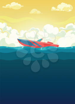 Sea illustration of red boat in dawn. Flat vector illustration