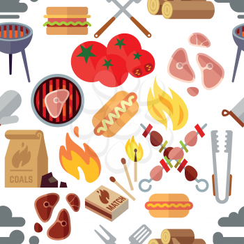 Summer picnic, barbecue and grilled food steak vector seamless texture. Background illustration